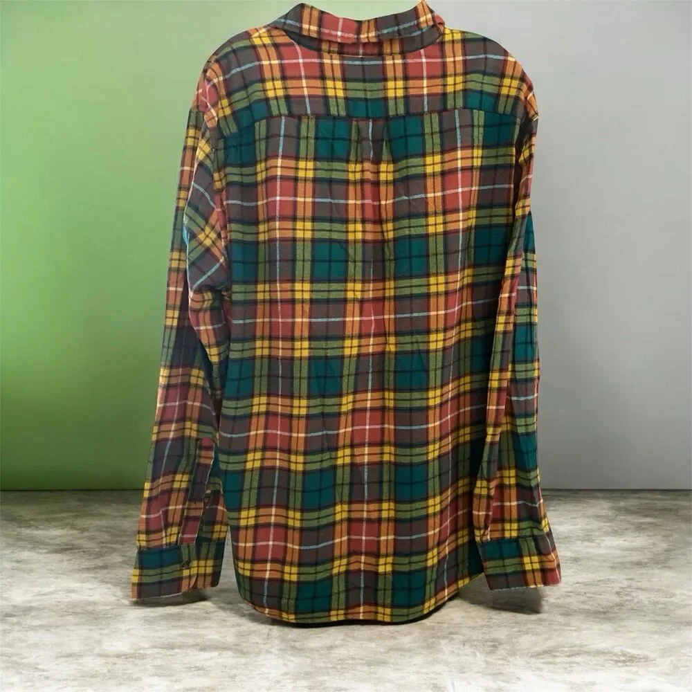 J CREW Mid Weight Flannel Shirt, Men's XL Plaid Double Brushed Green Orange